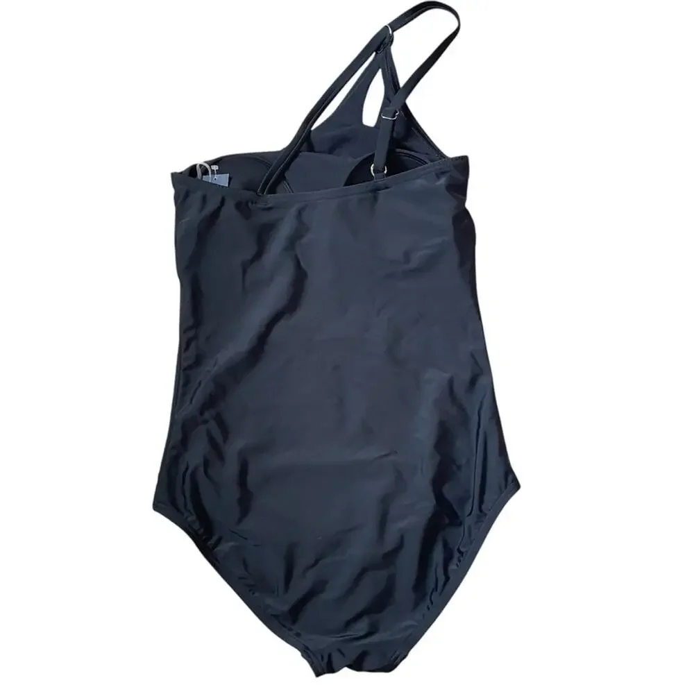 Lands' End Small 6-8 Black‎ 1 Shoulder Tummy Control Full Coverage Swimsuit NWT